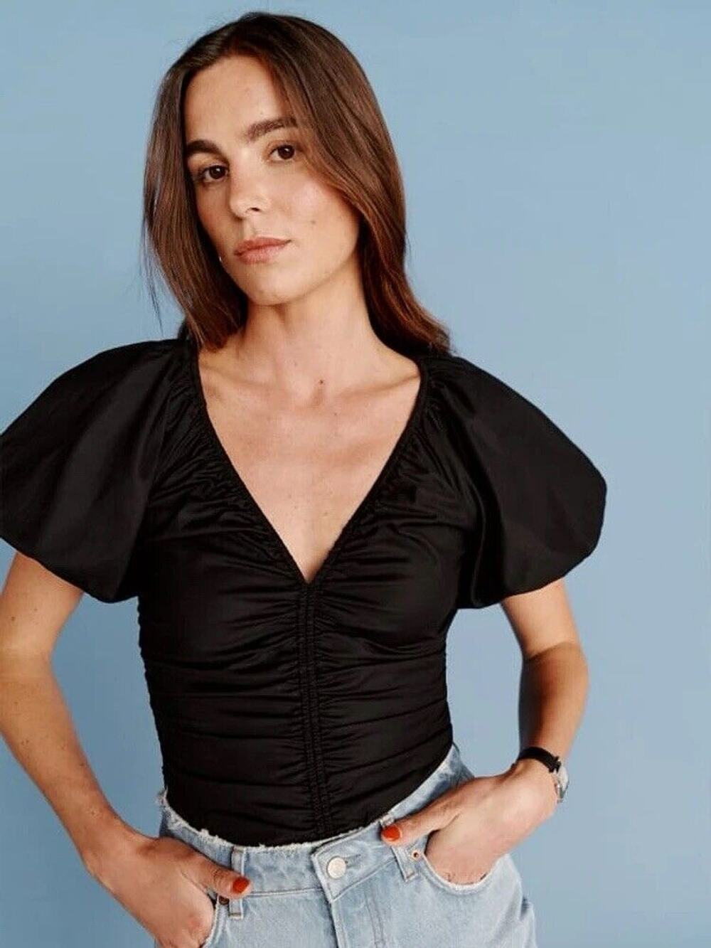 Reformation Sonny Organic Cotton Poplin Stretch Ruched Puff Short Sleeve Black 2